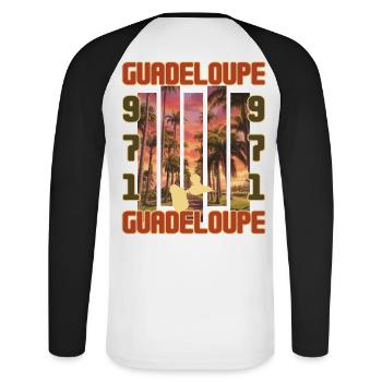 Guadeloupe 971 Carte et Route des Palmiers - T-shirt baseball manches longues Homme - blanc/noir - Dos - Nik (191cm)