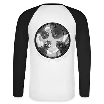 EINFACH MAL IN DIE RÖHRE SCHAUEN Monochrom -Tauben - Unisex Baseballshirt langarm - Weiß/Schwarz - Hinten - Nik (191cm)