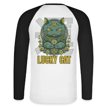 Lucky Cat Glückskatze Maneki Neko Jade - T-shirt baseball manches longues Homme - blanc/noir - Dos - Nik (191cm)