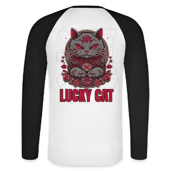 Lucky Cat Glückskatze Maneki Neko Rot - Unisex Baseballshirt langarm - Weiß/Schwarz - Hinten - Nik (191cm)