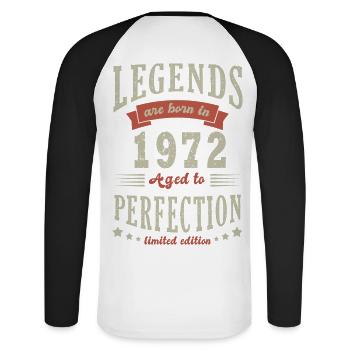 legend born in 1972 Birthday gift 51 years - Unisex Long Sleeve Baseball T-Shirt - white/black - Back - Nik (191cm)