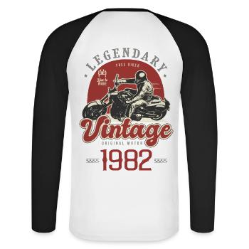 1982 Jubiläum Vintage Biker Motorrad - Unisex Baseballshirt langarm - Weiß/Schwarz - Hinten - Nik (191cm)