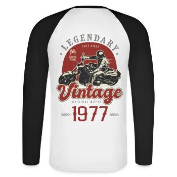1977 Jubiläum Motorrad Biker Jahrgang - Unisex Baseballshirt langarm - Weiß/Schwarz - Hinten - Nik (191cm)