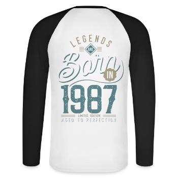 legends are born in 1987, anniversaire 34 ans - T-shirt baseball manches longues Homme - blanc/noir - Dos - Nik (191cm)