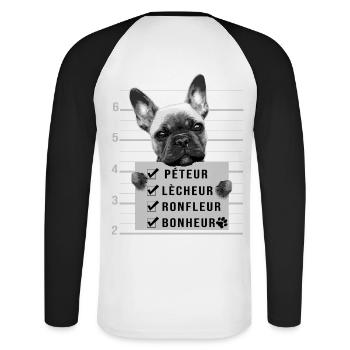 bouledogue français humour chien mignon - T-shirt baseball manches longues Homme - blanc/noir - Dos - Nik (191cm)