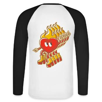 mascotte cœur enflammé rétro multidimensionnel - T-shirt baseball manches longues Homme - blanc/noir - Dos - Nik (191cm)