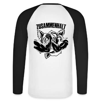zusammenhalt rose - Unisex Baseballshirt langarm - Weiß/Schwarz - Hinten - Nik (191cm)