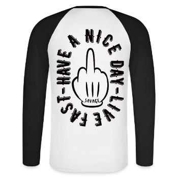 HAVE A NICE DAY - Unisex Baseballshirt langarm - Weiß/Schwarz - Hinten - Nik (191cm)