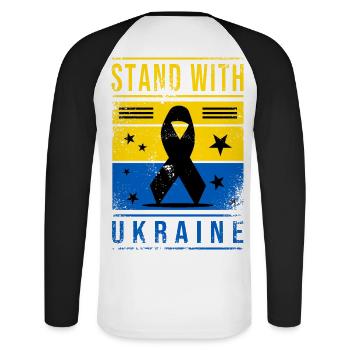 Ukraine Flagge mit Friedenszeichen - Unisex Baseballshirt langarm - Weiß/Schwarz - Hinten - Nik (191cm)