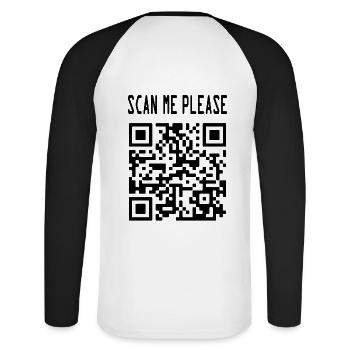 Scannez-moi le code QR pour vous motiver - T-shirt baseball manches longues Homme - blanc/noir - Dos - Nik (191cm)