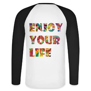 Enjoy Your Life - Unisex Baseballshirt langarm - Weiß/Schwarz - Hinten - Nik (191cm)