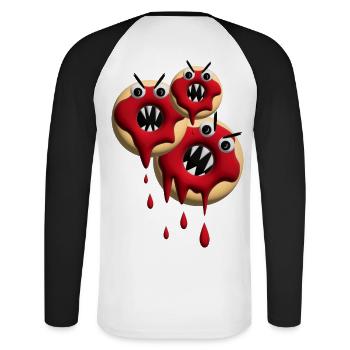Drei Halloween Donuts sehr bissig. - Unisex Baseballshirt langarm - Weiß/Schwarz - Hinten - Nik (191cm)
