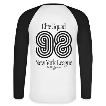 Elite Squad 98 – New York League Retro Streetwear - Unisex Baseballshirt langarm - Weiß/Schwarz - Hinten - Nik (191cm)