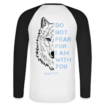 Religiöses Zitat - Unisex Baseballshirt langarm - Weiß/Schwarz - Hinten - Nik (191cm)