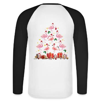 Flamant rose Noël. Cadeau de Noël - T-shirt baseball manches longues Homme - blanc/noir - Dos - Nik (191cm)