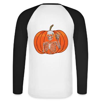 Kürbis Oktober Geist Spuk Halloween Skelett - Unisex Baseballshirt langarm - Weiß/Schwarz - Hinten - Nik (191cm)