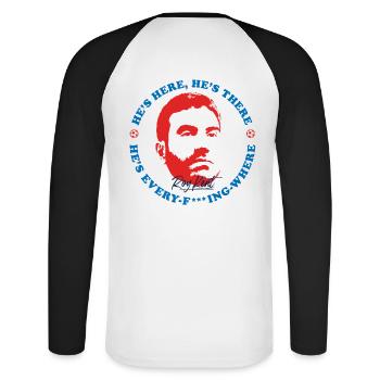 Ted Lasso Logo Und Schriftzug Mit Roy Kent - Unisex Baseballshirt langarm - Weiß/Schwarz - Hinten - Nik (191cm)