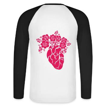 Natur - Organe - Herz mit Blumen - Unisex Baseballshirt langarm - Weiß/Schwarz - Hinten - Nik (191cm)