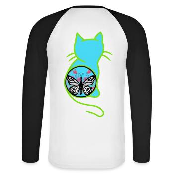Vintage rétro printemps chat papillon des années 80 - T-shirt baseball manches longues Homme - blanc/noir - Dos - Nik (191cm)