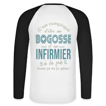 infirmier et bogosse cadeau infirmier humour - T-shirt baseball manches longues Homme - blanc/noir - Dos - Nik (191cm)