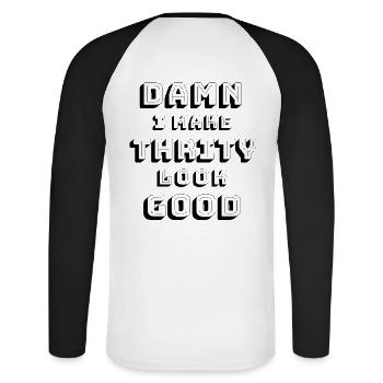 30th birthday - Unisex Long Sleeve Baseball T-Shirt - white/black - Back - Nik (191cm)