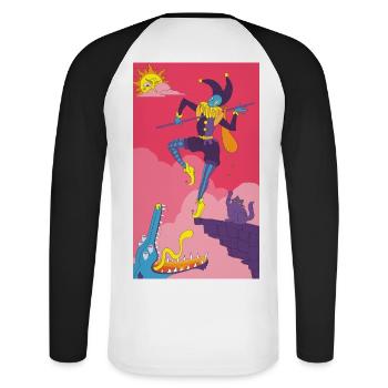 Der Narr Tarot Karte - Major Arcana Illustration - Unisex Baseballshirt langarm - Weiß/Schwarz - Hinten - Nik (191cm)
