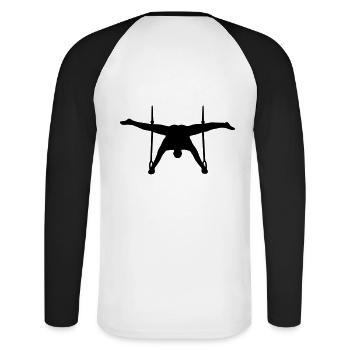 Turnen an den Ringen, dynamisch und schwarz - Unisex Baseballshirt langarm - Weiß/Schwarz - Hinten - Nik (191cm)