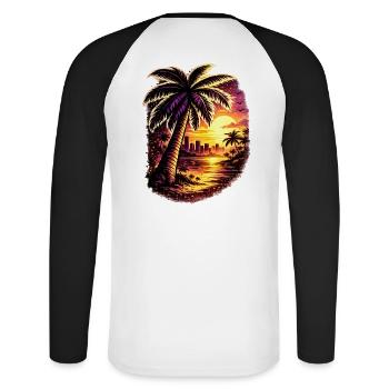 Palmen am Neon Sonnenuntergang Zoopy - Unisex Baseballshirt langarm - Weiß/Schwarz - Hinten - Nik (191cm)