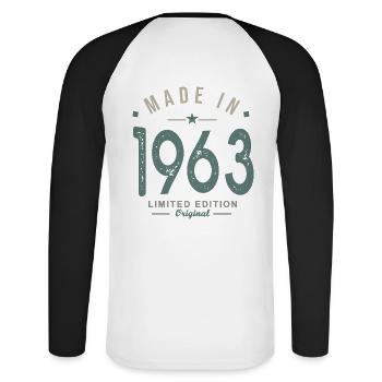 made in 1963 anniversaire 59 ans cadeau humour - T-shirt baseball manches longues Homme - blanc/noir - Dos - Nik (191cm)