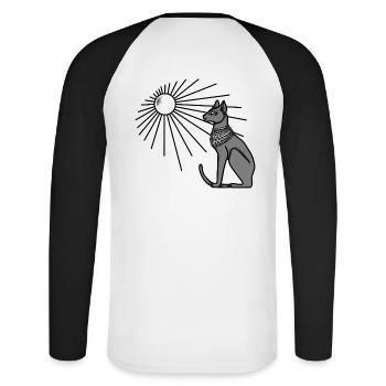 Ägyptisches Katzen Design - Unisex Baseballshirt langarm - Weiß/Schwarz - Hinten - Nik (191cm)