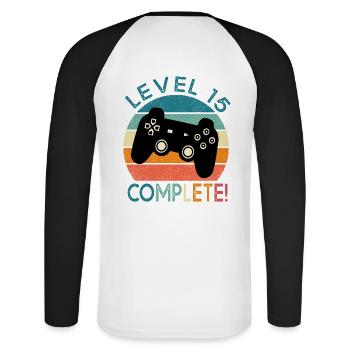 Birthday 15 years gamer level 15 gift 15 years - Unisex Long Sleeve Baseball T-Shirt - white/black - Back - Nik (191cm)