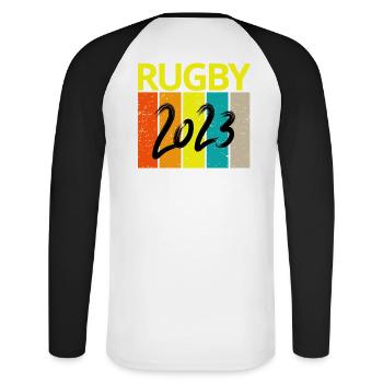 Rugby, Rugby-Sport, Rugby-Fan, Rugby 2023 - Unisex Baseballshirt langarm - Weiß/Schwarz - Hinten - Nik (191cm)