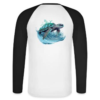 Danse des vagues de tortues néon - T-shirt baseball manches longues Homme - blanc/noir - Dos - Nik (191cm)