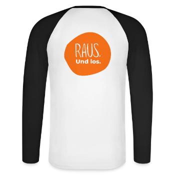Raus. Und los. – Outdoor Design in Orange - Unisex Baseballshirt langarm - Weiß/Schwarz - Hinten - Nik (191cm)