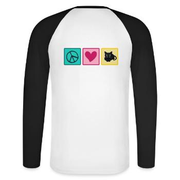 Katze Katzenhaar Mietzekatze "love peace cats" - Unisex Baseballshirt langarm - Weiß/Schwarz - Hinten - Nik (191cm)