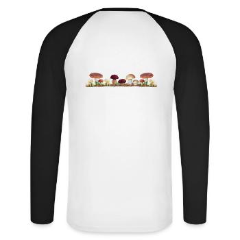 Connaisseurs de champignons Saison des champignons Cueilleurs de champignons Saison des champignons - T-shirt baseball manches longues Homme - blanc/noir - Dos - Nik (191cm)