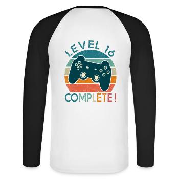 Level 16 Gift Video Games Birthday 16 Years - Unisex Long Sleeve Baseball T-Shirt - white/black - Back - Nik (191cm)
