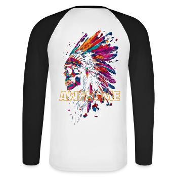 Awesome Indian Skull - Unisex Long Sleeve Baseball T-Shirt - white/black - Back - Nik (191cm)