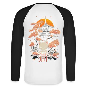 Neko - Chat japonais et sakura - T-shirt baseball manches longues Homme - blanc/noir - Dos - Nik (191cm)