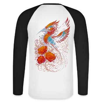 Feuriger Papagei mit Rosenmotiven - Unisex Baseballshirt langarm - Weiß/Schwarz - Hinten - Nik (191cm)