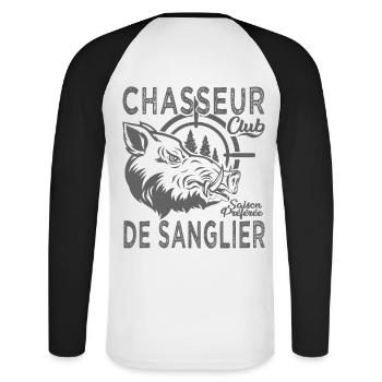 Chassé chasseur de sanglier cadeau cool chasse - T-shirt baseball manches longues Homme - blanc/noir - Dos - Nik (191cm)