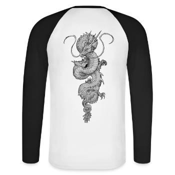 China chinesischer Drache Tattoo23 - Unisex Baseballshirt langarm - Weiß/Schwarz - Hinten - Nik (191cm)