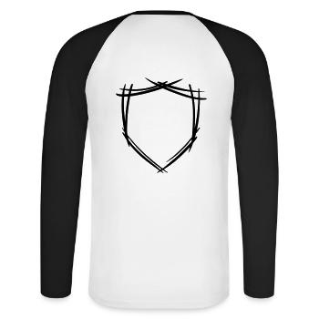 Symbole de bouclier / blason. Dessiné à la main. Modèle - T-shirt baseball manches longues Homme - blanc/noir - Dos - Nik (191cm)
