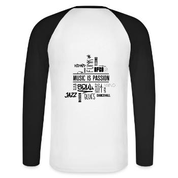 Music is passion - Wordcloud (Rücken) - Unisex Baseballshirt langarm - Weiß/Schwarz - Hinten - Nik (191cm)
