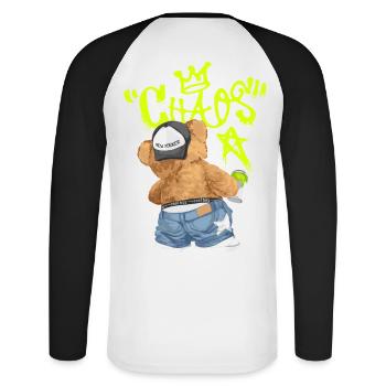 Chaos Bär Graffiti Break All Rules - Unisex Baseballshirt langarm - Weiß/Schwarz - Hinten - Nik (191cm)