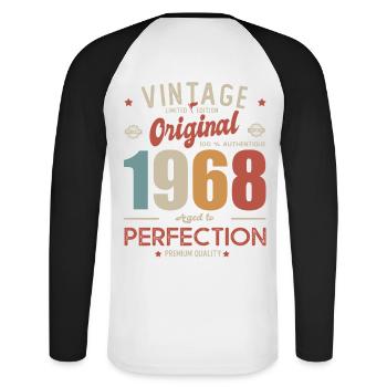 vintage original 1968 born in 68 birthday 53 years - Unisex Long Sleeve Baseball T-Shirt - white/black - Back - Nik (191cm)