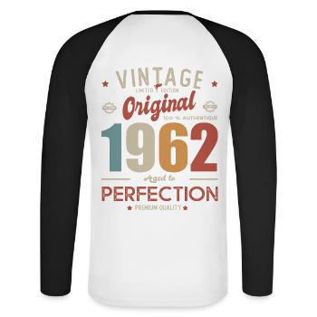 vintage original 1962 born in 62 birthday 60 years - Unisex Long Sleeve Baseball T-Shirt - white/black - Back - Nik (191cm)