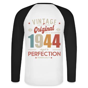 vintage original 1944 born in birthday 77 years - Unisex Long Sleeve Baseball T-Shirt - white/black - Back - Nik (191cm)