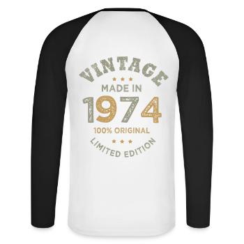 Né en 1974 Vintage 1974 anniversaire - T-shirt baseball manches longues Homme - blanc/noir - Dos - Nik (191cm)