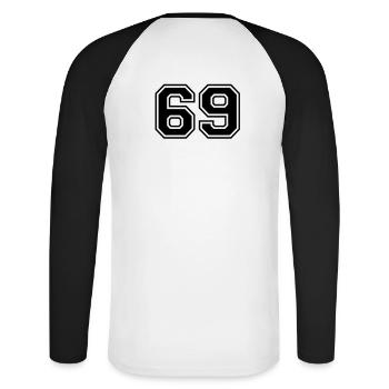 69 - Unisex Baseballshirt langarm - Weiß/Schwarz - Hinten - Nik (191cm)